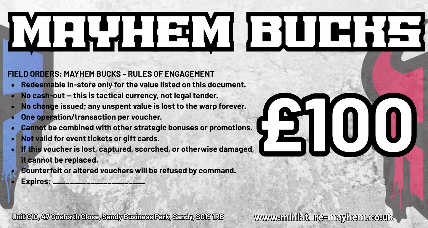 Mayhem Bucks £100 Gift Voucher – In-Store Use Only